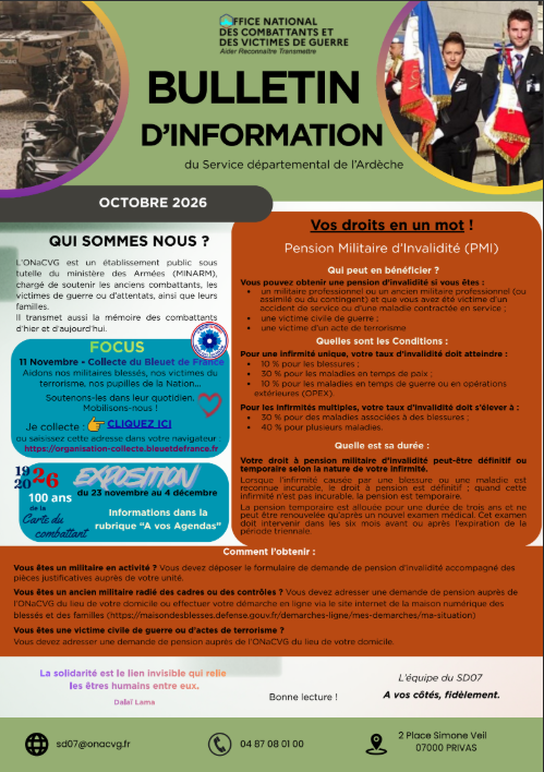 Capture bulletin d’information du service départemental de l’Office National des Combattants et des Victimes de Guerre (ONaCVG) de l’Ardèchd'écran 2026-10-14 172900
